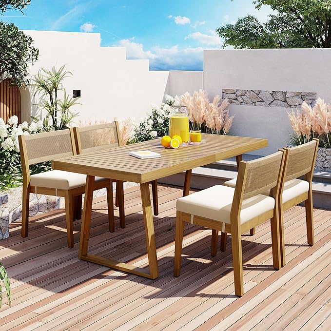 Harper & Bright Designs Multi-Person Outdoor Acacia Wood Dining Table and Chair Set, Thick Cushions, Suitable for Balcony, Vourtyard, and Garden.