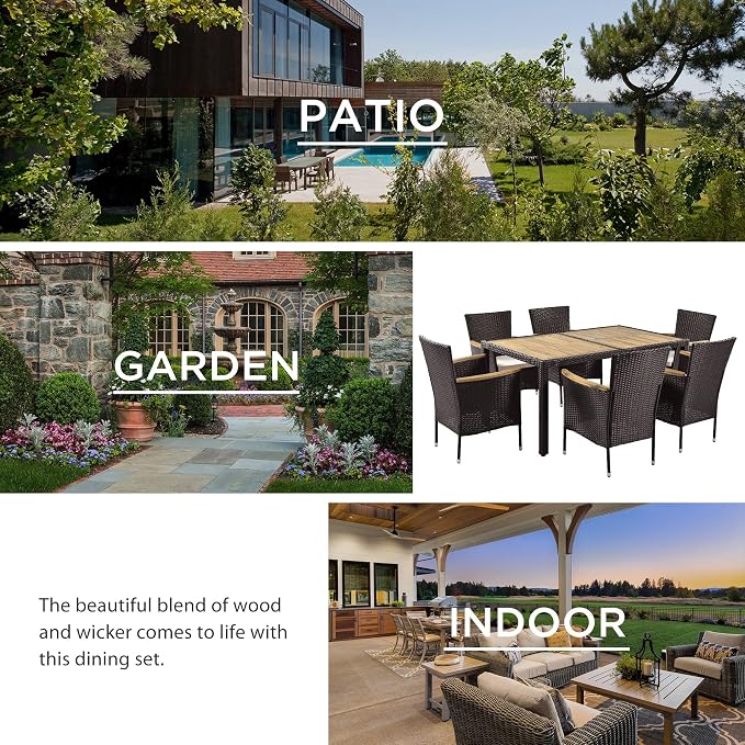 7-Piece Outdoor Patio Dining Set, Garden PE Rattan Wicker Dining Table and Chairs Set, Acacia Wood Tabletop, Stackable Armrest Chairs with Cushions (Brown ~009)