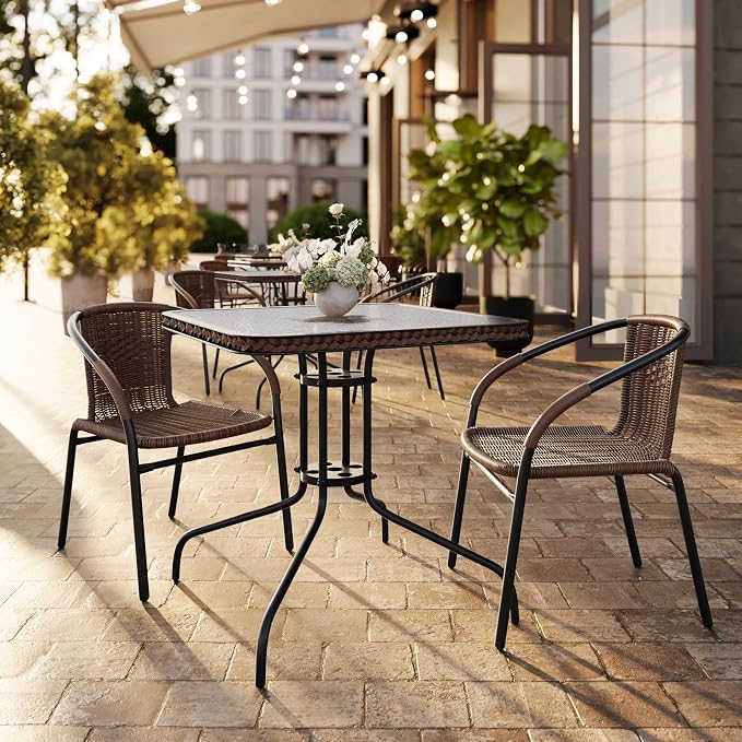 Flash Furniture Lila 3-Piece 28" Square Indoor/Outdoor Patio Table and Chairs Set, Glass Metal Bistro Table and 2 Stacking Rattan Chairs, Brown | Tempered Glass, Dark Brown Rattan Edging, 2 Rattan Stack Chairs