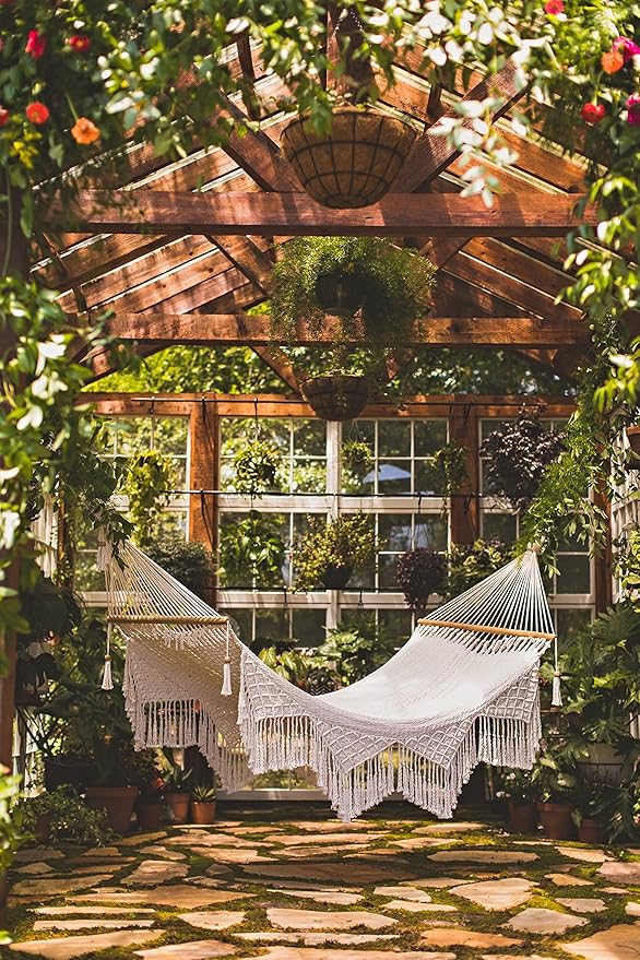 Handwoven Nicaraguan Cotton Rope Hammock with Wooden Spreader Bars with Tropical Decorative Trim