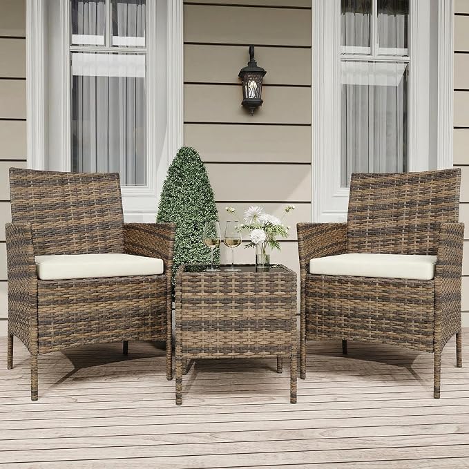 3 Piece Outdoor Patio Furniture Set, All-Weather Brown Wicker Rattan Conversation Set with Cushions, Chairs & Coffee Table for Porch, Backyard & Balcony