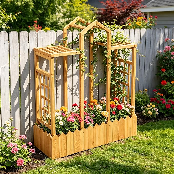 Raised Garden Beds with Arch Trellis Outdoor, Wooden Planter Boxes with Hanging Roof, Side Trellis Patio Wooden Flower Pots for Vines Climbing Vegetables Plants(Wood5)