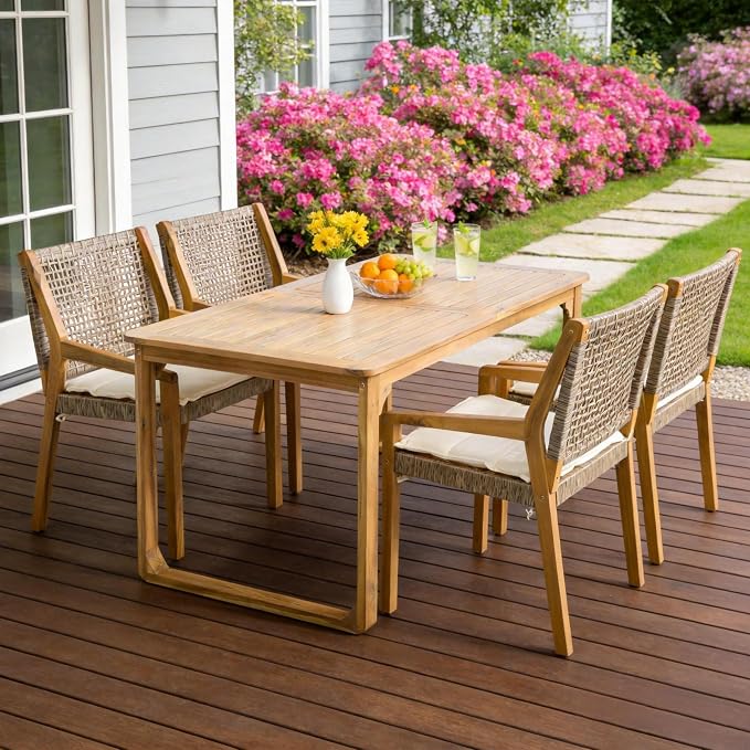 Christopher Knight Home Samma Acacia Wood Outdoor Dining Set for 4, Patio Dining Table Set for 4, Outdoor Dining Table and Sled Base, Dining Chairs with Cushion + Wicker Backrest, Teak+Brown+Cream