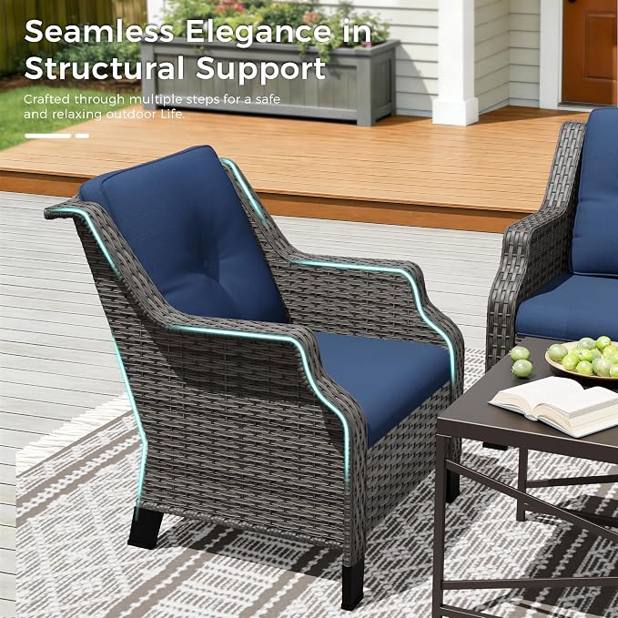 Outdoor Patio Furniture Set, 7 Piece Wicker Patio Furniture with Thick Cushions, Curved Armrest, Deep Seating, Rattan Outdoor Chairs for Porch, Deck, Balcony