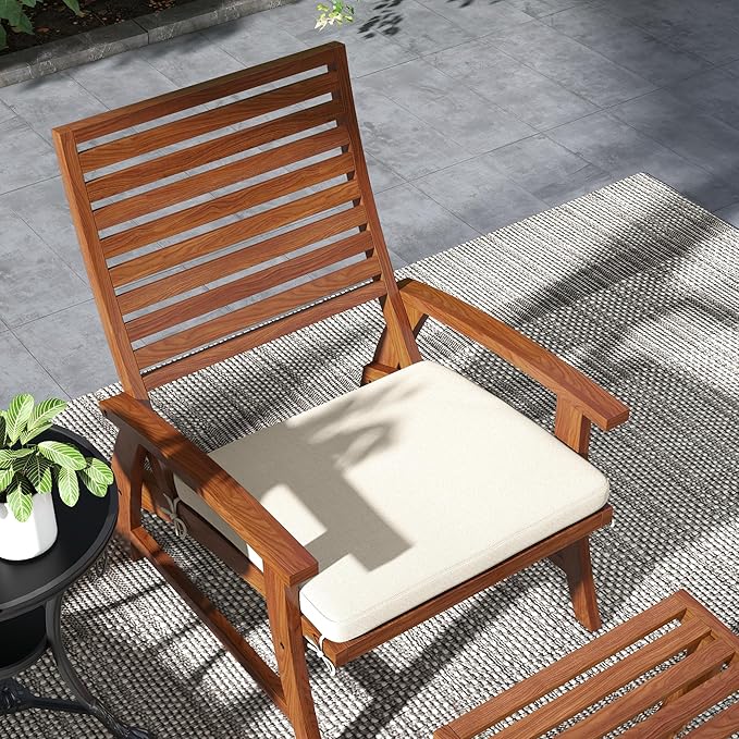 Outsunny 4 Piece Patio Furniture Set, 2 Chairs with Footstools, Outdoor Chair Set for 2 with Slatted Acacia Wood Seat and Backrest, Cushions and Ottomans, Cream White