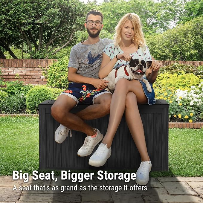 Mars Villa 150 Gallon Outdoor Storage Box, Large Resin Deck Box Waterproof, for Pool Supply Storage, Outdoor Patio Furniture Cushion, with Hydraulic Hinge, UV-Resistant and Weatherproof, Black