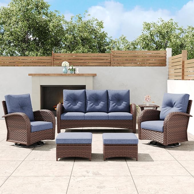 6 Pieces Outdoor Wicker Patio Swivel Rocking Chairs, All Weather Wicker Conversation Set with Side Table