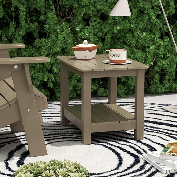 WestinTrends Tuscany Outdoor Side Table, All Weather HIPS 2 Tier Adirondack Small Patio Table with Storage, Taupe