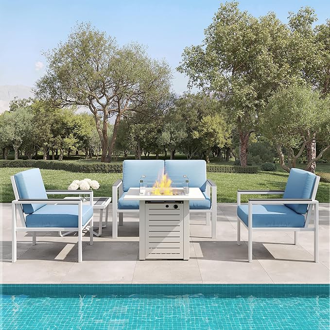 4-Piece Outdoor Patio Furniture Set, Metal Conversation Sofa Set with Deep Cushions & Wood-Like Armrests, Modern Patio Seating with Coffee Table for Garden, Porch, Balcony, Backyard (White)