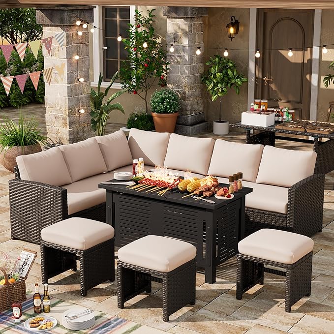 U-MAX 7 Pieces Patio Furniture Set with 43" Fire Pit Table, Outdoor Sectional Sofa Conversation Set, All Weather Wicker Rattan Dining Table & Chair with Ottoman, Brown Rattan&Khaki Cushion