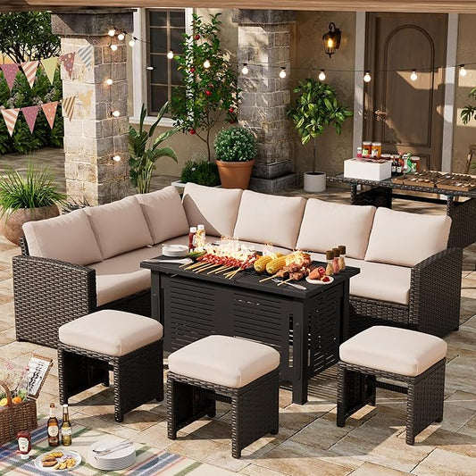 U-MAX 7 Pieces Patio Furniture Set with 43" Fire Pit Table, Outdoor Sectional Sofa Conversation Set, All Weather Wicker Rattan Dining Table & Chair with Ottoman, Brown Rattan&Khaki Cushion