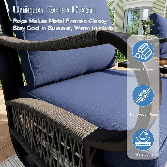 6 Pieces Patio Furniture Set, Metal Outdoor Conversation Sets with Fire Pit Table for Backyard Garden Deck Porch Poolside (Thick Blue Cushions)