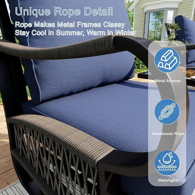 10-Piece Modern Patio Furniture Set, All Weather Metal Outdoor Conversation Sets with 5.1" Extra Thick Cushion for Backyard Garden Deck Porch Poolside, Blue