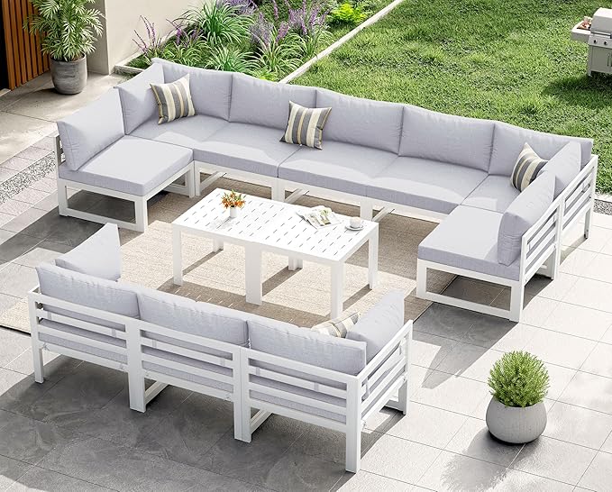 NICESOUL 10 Seat Large Luxury Aluminum Patio Conversation Set with Side Table, 29" Deep Wide Seating, Modular Sectional Couch, 500 lbs Heavy Duty All Weather Outdoor Sofa for Backyard Deck, Light Grey