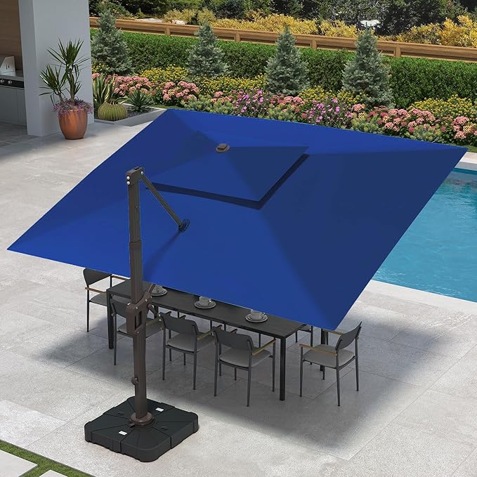 9 X 12 FT Cantilever Patio Umbrella with Led Lights Outdoor Heavy Duty Double Top Rectangle Offset Umbrellas with 360-degree Rotation for Pool Deck Backyard, Navy