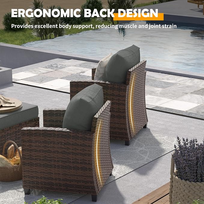 UDPATIO Patio Furniture Set with 44" Fire Pit Table, 8 Pieces Outdoor Sectional Conversation Sets, All-Weather Wicker Rattan Sofa Ottoman with 4" Thick Cushion for Garden Backyard Deck, Dark Grey