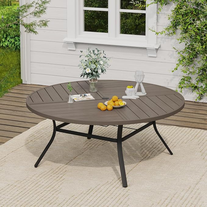 VICLLAX Patio Dining Set, 63.1" Grey Table & 6 Chairs with Grey Cushion | Outdoor Table and Chairs Set of Round Metal Patio Table, Outdoor Dining Chairs with Metal Frame, Garden Deck Porch