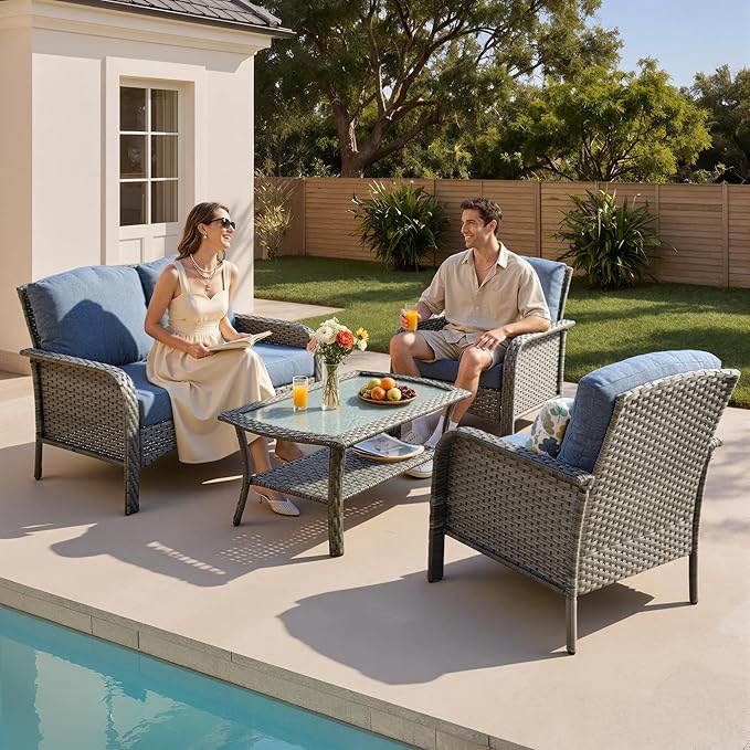 4-Piece Patio Furniture Set, Outdoor Wicker Furniture with Coffee Table, All Weather High Back Loveseat Patio Chairs, Modern Rattan Outdoor Chairs Conversation Set for Porch, Garden,Denim Blue