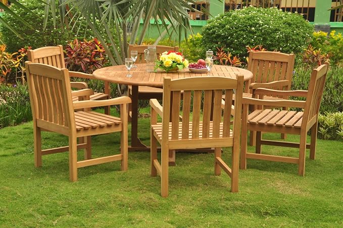 New 7 Pc Luxurious Grade-A Teak Wood Outdoor Dining Set - 60" Round Dining Table and 6 Devon Arm/Captain Chairs #WHDSDVz