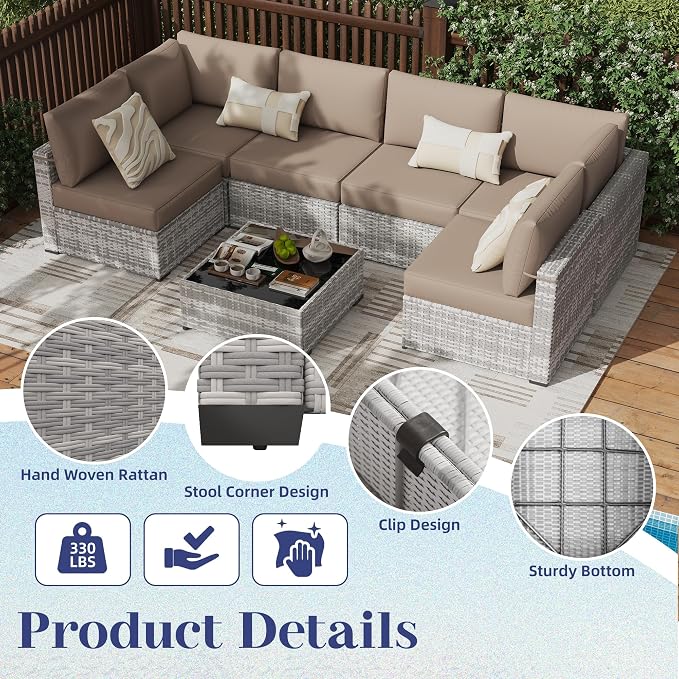 KIGOTY 7-Piece Patio Furniture Set, All-Weather PE Rattan Outdoor Sectional Sofa, Modular Wicker Conversation Set with Thick Cushions & Easy-Clean Coffee Table（Grey White/Camel）