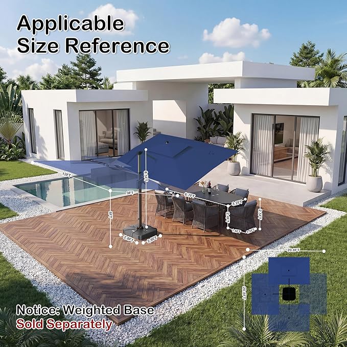 9x12 FT Patio Umbrella with LED Lights Cantilever Outdoor Large Heavy Duty Rectangle Aluminum Offset Umbrellas Double Top 360 Rotation 7 Tilt Adjustment for Pool Deck Garden, Navy