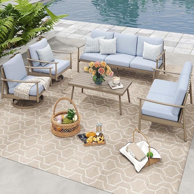 HAPPATIO Outdoor Furniture Set - 5 Piece Aluminum Patio Conversation Set with 1 Coffee Table, 2 Swivel Chairs, Loveseat and 3-Seat Sofa, Aluminum Patio Furniture Set for Backyard Deck Poolside (Brown)