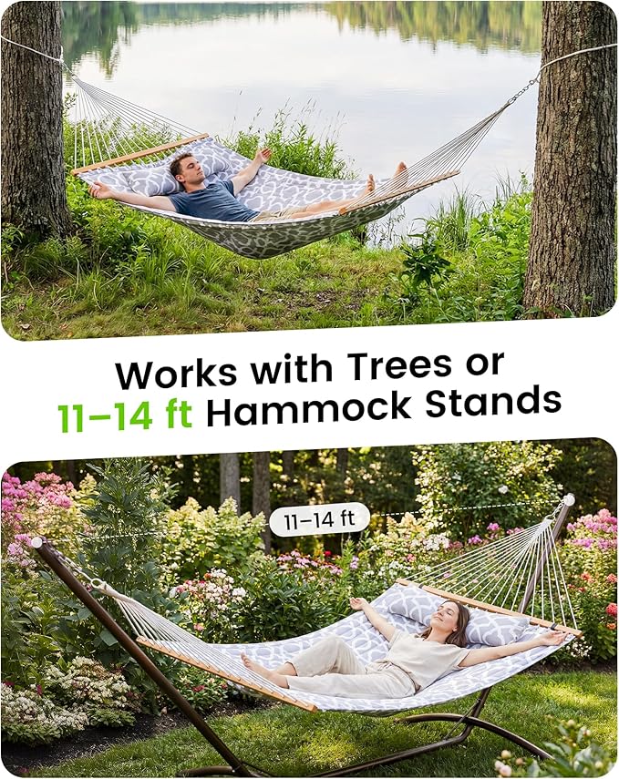 Double Quilted Outdoor Hammock for 2 Adults, 500lb Capacity Backyard & Camping Hammock with Pillow and Bamboo Spreader Bar, Fits 11–15ft Hammock Stands (Stand Not Included),Light Gray