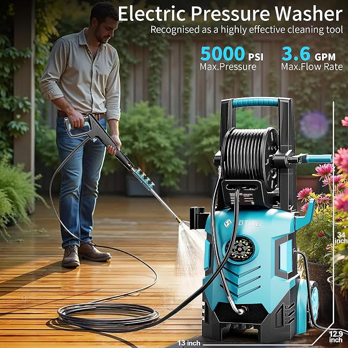 2026Upgraded Pressure Washer 5000PSI with Adj-8-Level Touch Screen, 34" Tall Power Washer, 4 Quick Connect Nozzles, Inlet Hose&Filter&500mlFoam Cannon for Cars/Fences/Driveways/Home Cleaning, Green