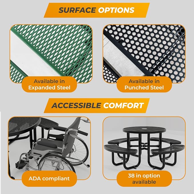 Metal Picnic Tables for Outdoors with Umbrella Hole - Coated Steel Heavy Duty Commercial Grade Furniture Set with Adjustable Seats (Green, 46 in, Round, Punched Steel)