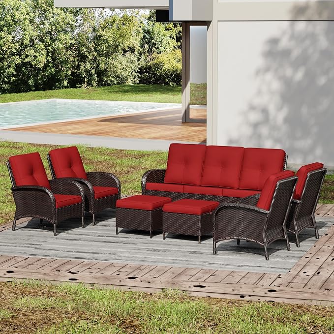 Joyside Wicker Patio Furniture Set, 7 Piece Outdoor Furniture Set with Thickened Cushions, High Back, Deep Seating, Wide Armrest, Rattan Outdoor Chairs for Porch, Deck