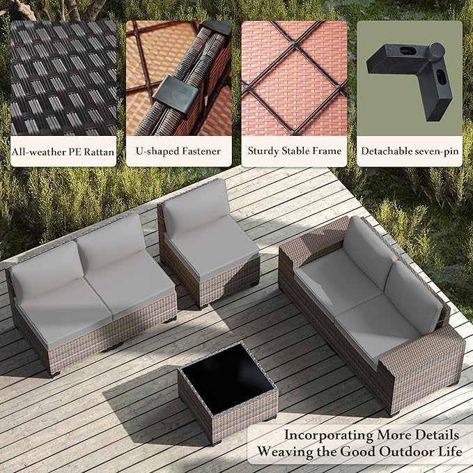 7 PCS Outdoor Patio Furniture Set,Outdoor Sectional Furniture with 43" 55000 BTU Gas Propane Fire Pit Table,All Weather PE Rattan Wicker Patio Conversation Set,Grey