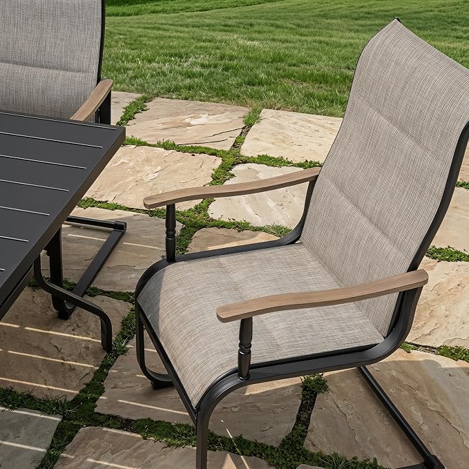 NUU GARDEN 7-Piece Patio Table and Chair Set, Grayish Brown Spring Chairs | All-weather dining table with umbrella hole, 6 padded textilene C-spring motion chairs with wood-grain armrests