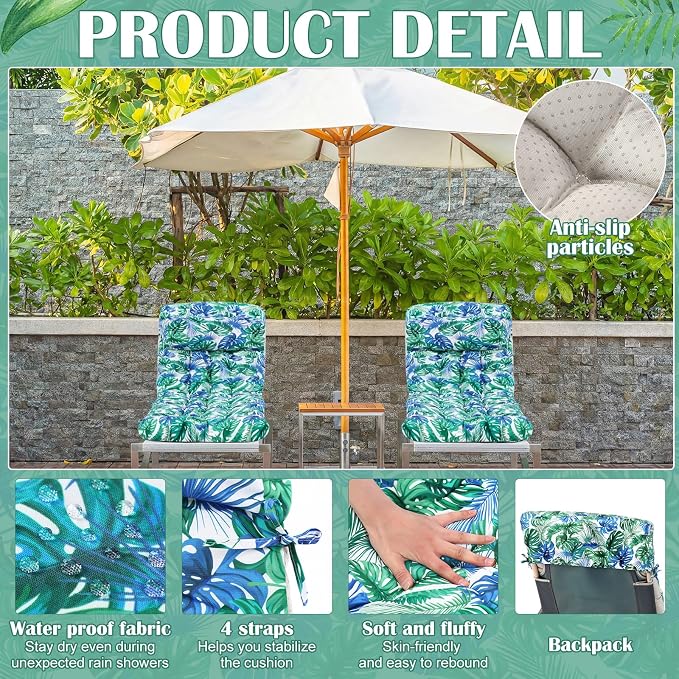 Tudomro Outdoor Chaise Lounge Cushion 66x21x4'' Waterproof & Fade-Resistant Patio Pool Chaise Lounge Cushion Headrest Pillow Tie Replacement Rocking High Back Chair(Blue Green Tropical,1 Pcs)