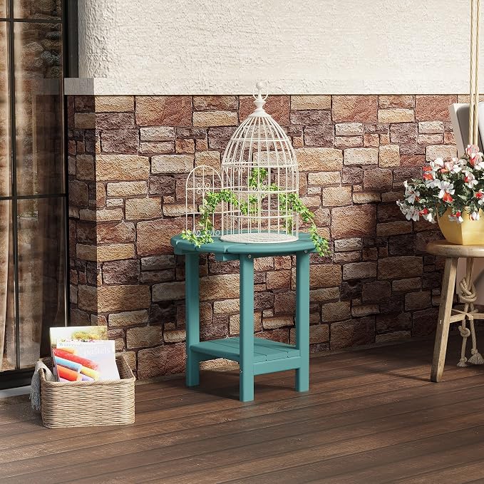 Sundale Outdoor 18" Round Small Side Table, Patio Adirondack End Table All Weather HDPE Water Resistant 2 Tier Round Outside Table for Pool, Garden, Beach, Turquoise