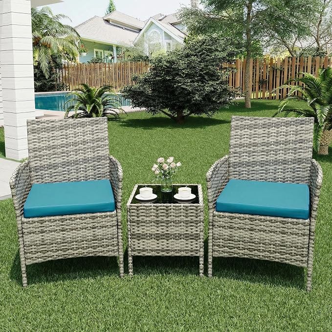 GarveeLife 3 Piece Patio Furniture Set, Rattan Outdoor Furniture with 2 Chairs & Coffee Table, Modern Outdoor Seating Conversation Bistro Set for Garden Backyard Porch (Grey and Peacock Blue)