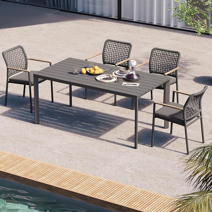 Modern Shade 5 Piece Luxury Outdoor Dining Set, Designer Outdoor Table and Chairs with Fade Resistant Cushions & FSC Teak, Premium Aluminum Patio Table and Chairs Set for Elegant Outdoor Living, Gray