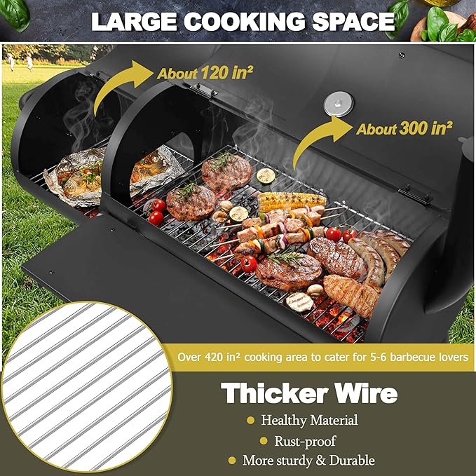 Joyfair Charcoal Grill with Offset Smoker, Camping Barbecue Grill with Side Fire Box for Outdoor BBQ Smoking/Backyard Party Grilling, Thick Iron Steel & Dual Chamber Design, Thermometer & Chimney