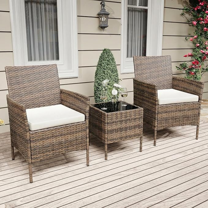 3 Piece Outdoor Patio Furniture Set, All-Weather Brown Wicker Rattan Conversation Set with Cushions, Chairs & Coffee Table for Porch, Backyard & Balcony