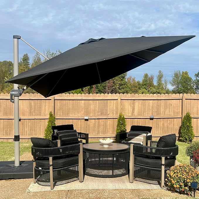 PURPLE LEAF 10’ X 10‘ Patio Umbrella Outdoor Cantilever Umbrella, Aluminum Offset Umbrella with Champagne Frame and 360° Rotation for Pool Deck Garden, Black