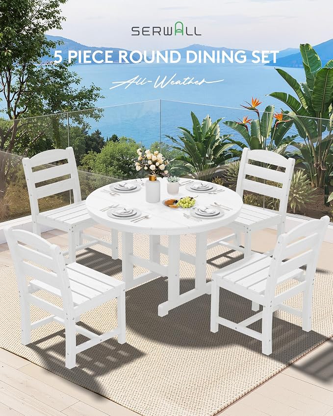 SERWALL 5-Piece Patio Dining Sets, HDPE Outdoor Table and Chairs Furniture Set, 45" Round Dining Table and 4 Armless Dining Chairs, White