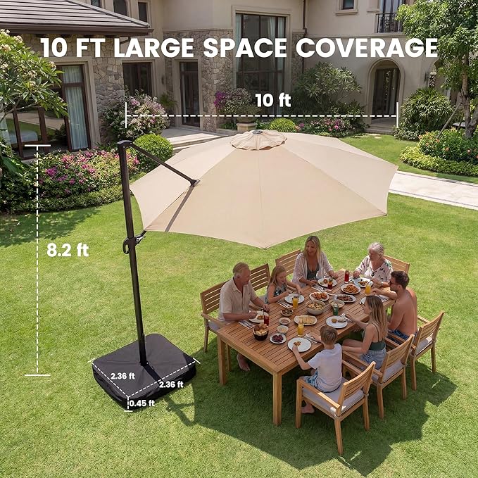 OLILAWN 10FT Outdoor Patio Umbrella with Base Included, Cantilever Offset Umbrella with 360° Rotation & Infinite Tilt, UV-Resistant Water-Repellent Shade for Patio, Poolside, Backyard, Beige