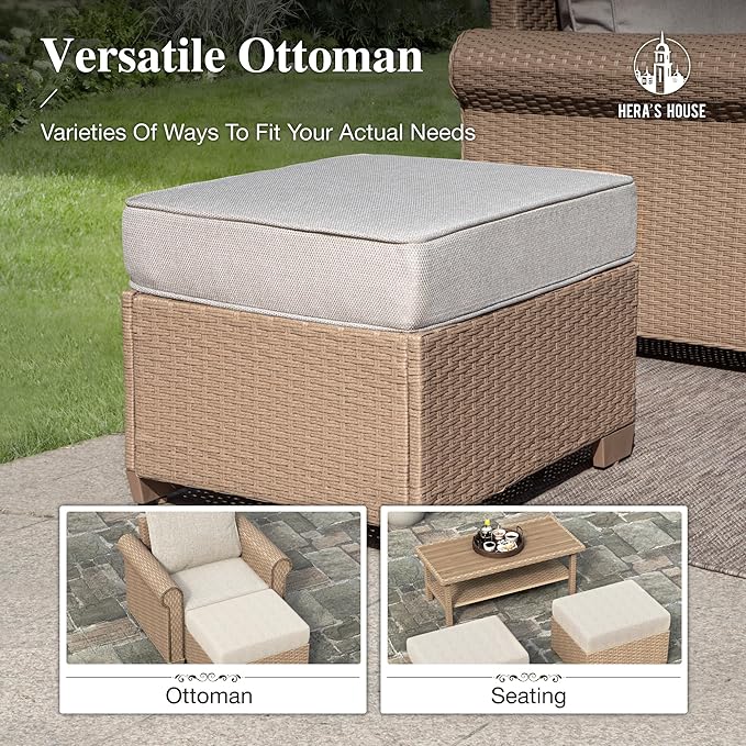 HERA'S HOUSE 8 Pieces Patio Furniture Set, All Weather 9 Seats Outdoor Wicker Sofa with Ottomans, Rattan Patio Conversation Set with 5.5" Cushions and 57" Fire Pit Table, Beige