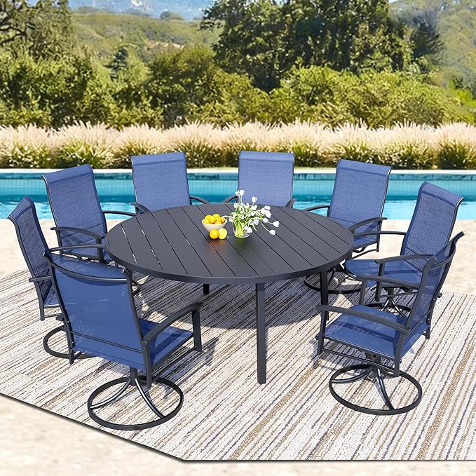 9 Piece Outdoor Patio Dining Set for 8, 60" Black Round Metal Table with 8 Blue Swivel Chairs, All-Weather Outdoor Furniture Set for Backyard, Lawn, Deck, or Poolside