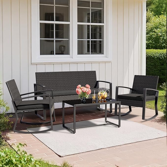 Ahomly 4 Piece Patio Furniture Set, Outdoor Wicker Patio Furniture with Glass Coffee Table, Modern Rattan Rocking Chairs Conversation Set, for Porch, Garden, Lawn (Black)