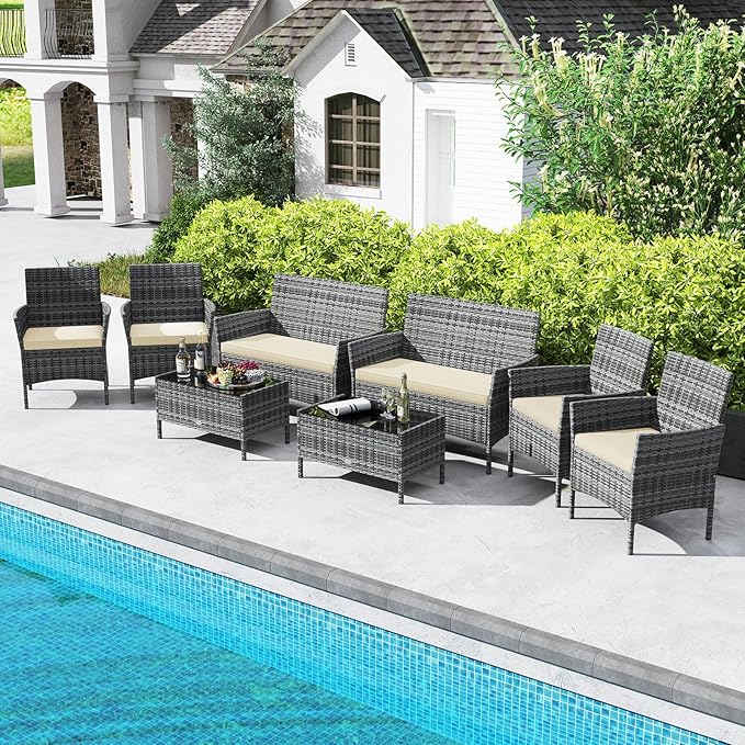 Tangkula 8 Pieces Patio Rattan Conversation Set, Outdoor Wicker Furniture Set with Cushioned Chair, Loveseat & Tempered Glass Table, Outside Sectional Sofa Set for Backyard (G-Beige,2)