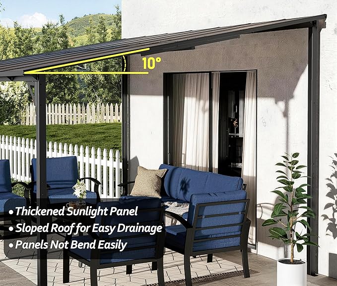 10' x 14' Lean to Gazeb,Hardtop Galvanized Steel Pergola with Sloped Polycarbonate Roof,Wall Mounted Gazebo Patio Canopy with Ground Anchor for Backyard Deck