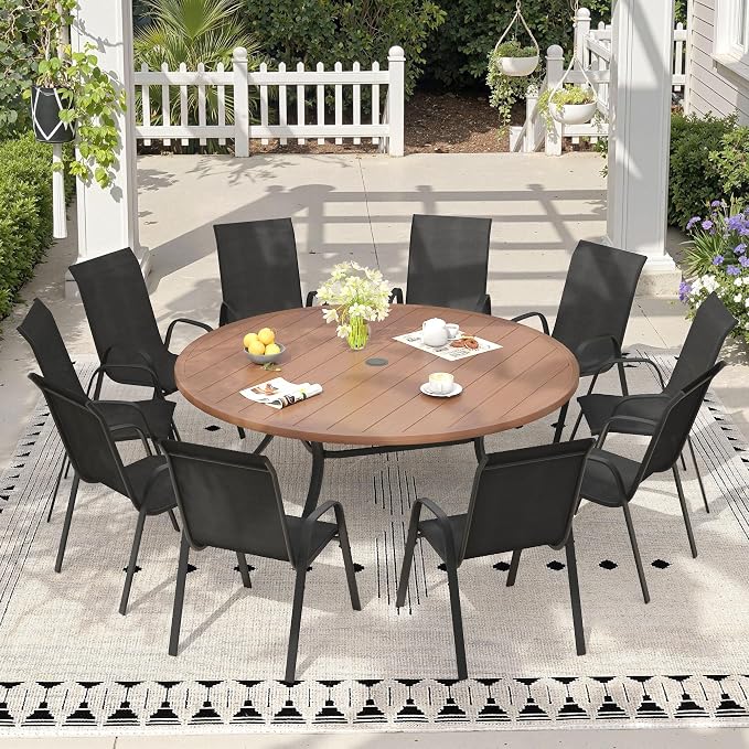 11 Pieces Outdoor Dining Set, 63" Round Table with Umbrella Hole & Stackable Patio Dining Chairs, Patio Table and Chairs Set for Deck Garden Porch, Black Chairs & Walnut Table