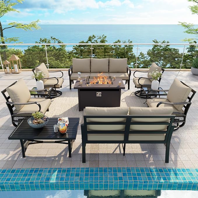 10-Piece Outdoor Furniture Set, Metal Swivel Rocking Chairs with All-Weather Cushions, Patio Conversation Set with Fire Pit Table for Deck, Porch, Garden, Backyard, Poolside (Beige Cushions)
