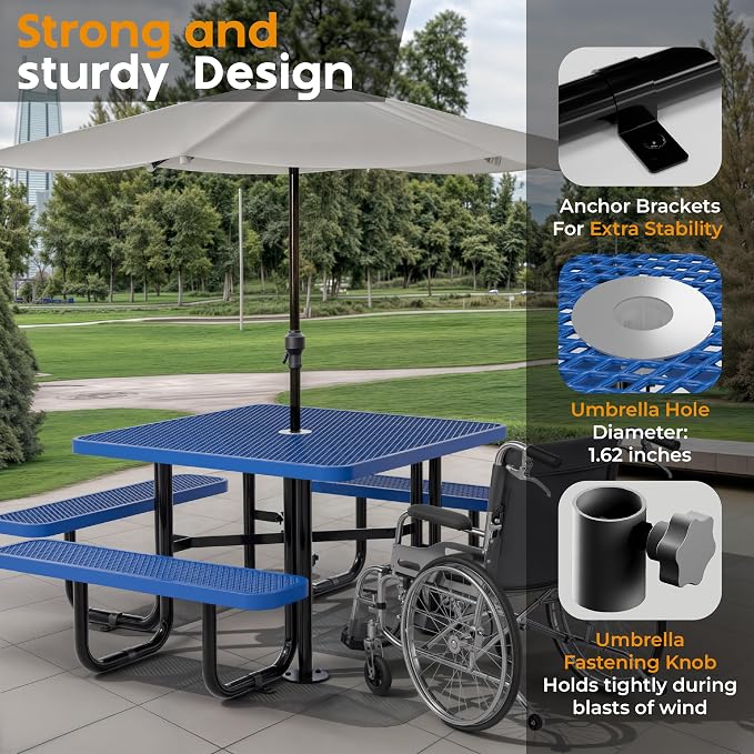 Metal Picnic Tables for Outdoors with Umbrella Hole - Coated Steel Heavy Duty Commercial Grade Furniture (Blue, 46 in, Square, Expanded Steel)