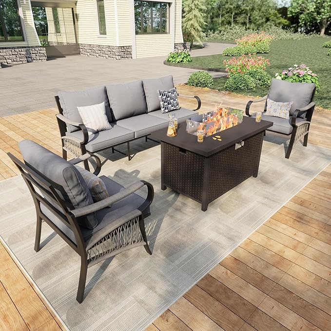 4 Pieces Patio Furniture Set, Metal Outdoor Conversation Sets with Fire Pit Table for Backyard Garden Deck Porch Poolside (Thick Gray Cushions)